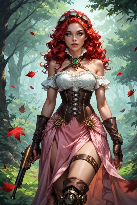 00020-a woman in a rose pink dress holding a clockwork gun in a forest with trees and flowers around her, with a green background and.png